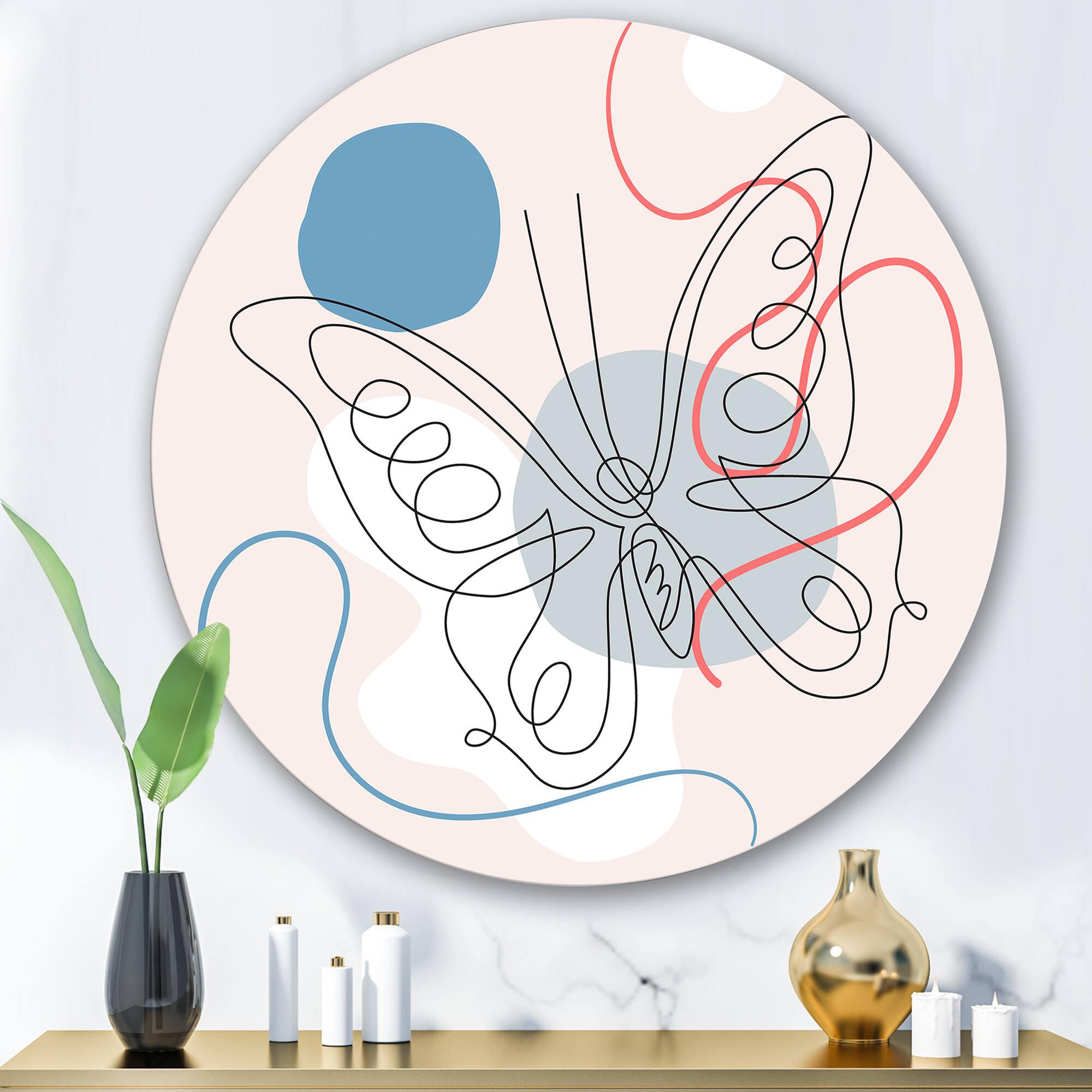 Designart - Butterfly One Line Drawing On Cubism Shapes III - Modern Metal Circle Wall Art